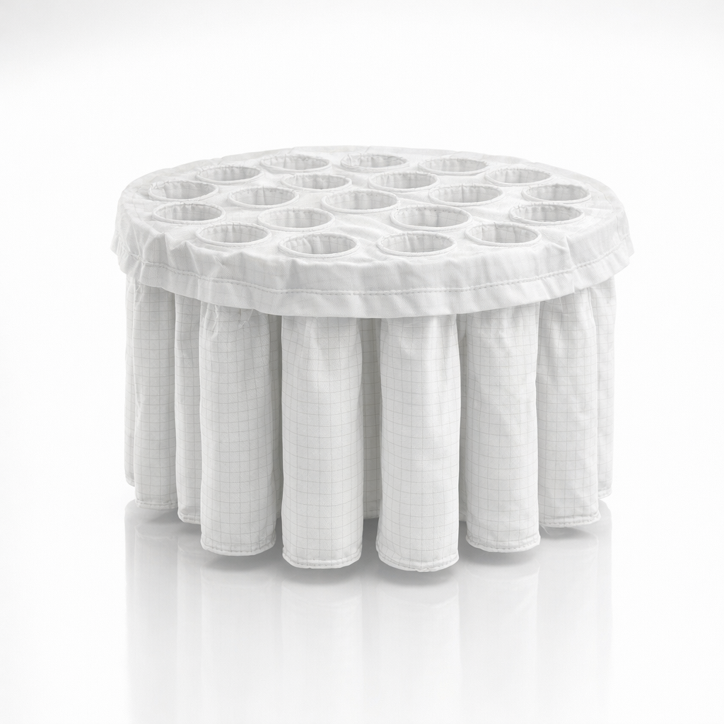 Multi-finger fluid bed dryer bag showing antistatic grid weave pattern