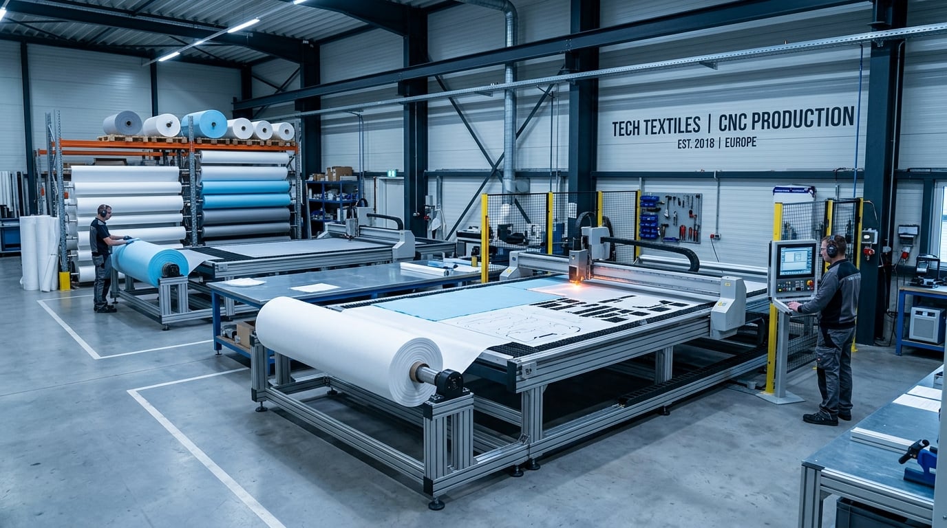 CNC cutting of technical filter fabric in a modern fabrication workshop