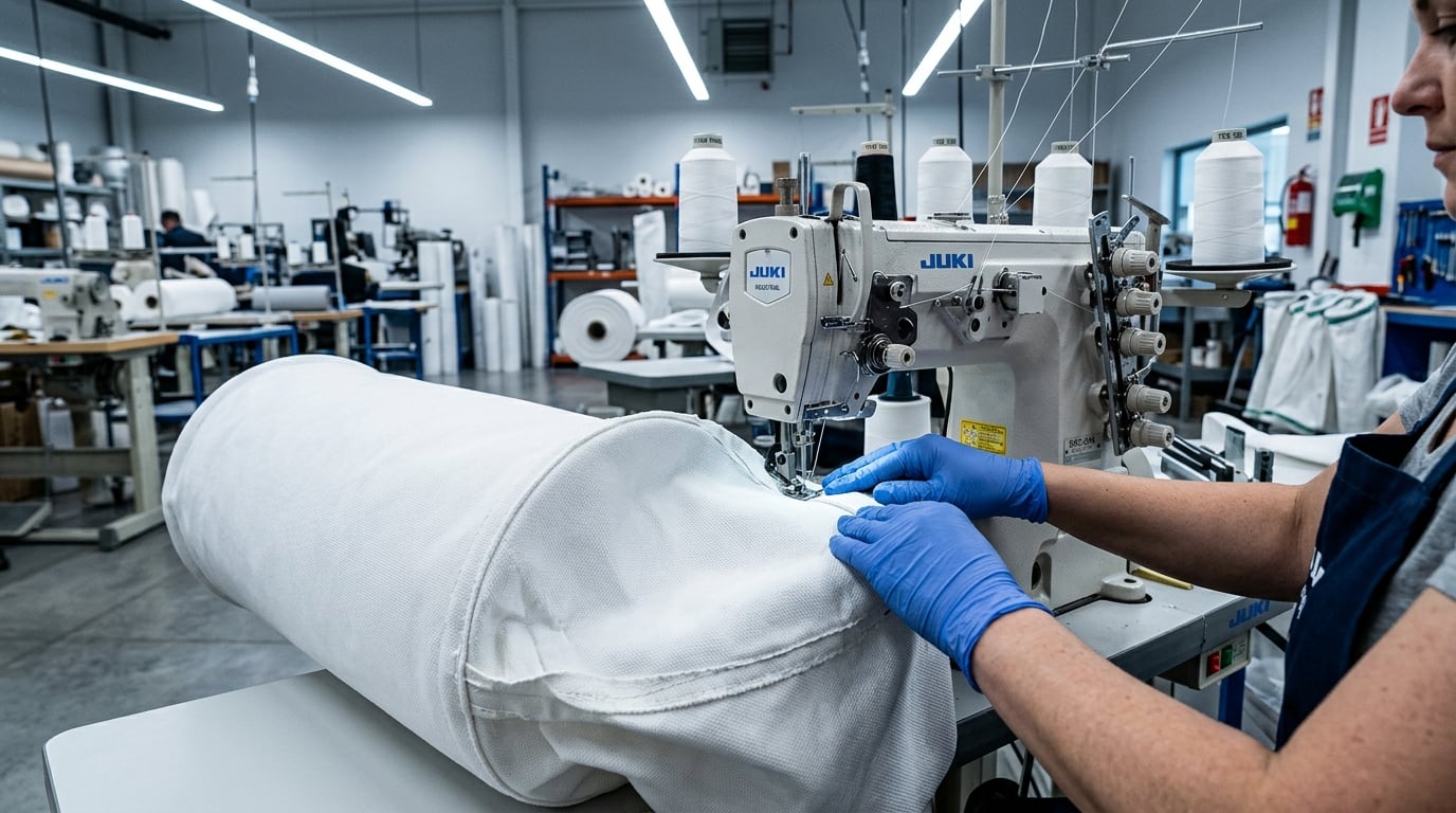 Industrial sewing of a technical filter bag during confection