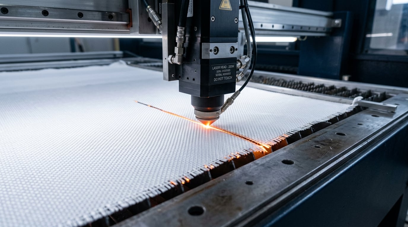 Laser cutting head producing a clean, sealed edge on technical filter fabric