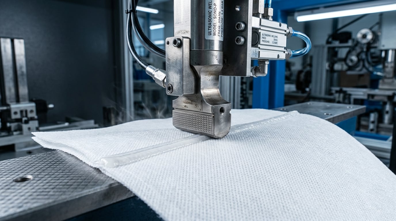 Ultrasonic welding fusing two layers of synthetic filter media into a sealed seam