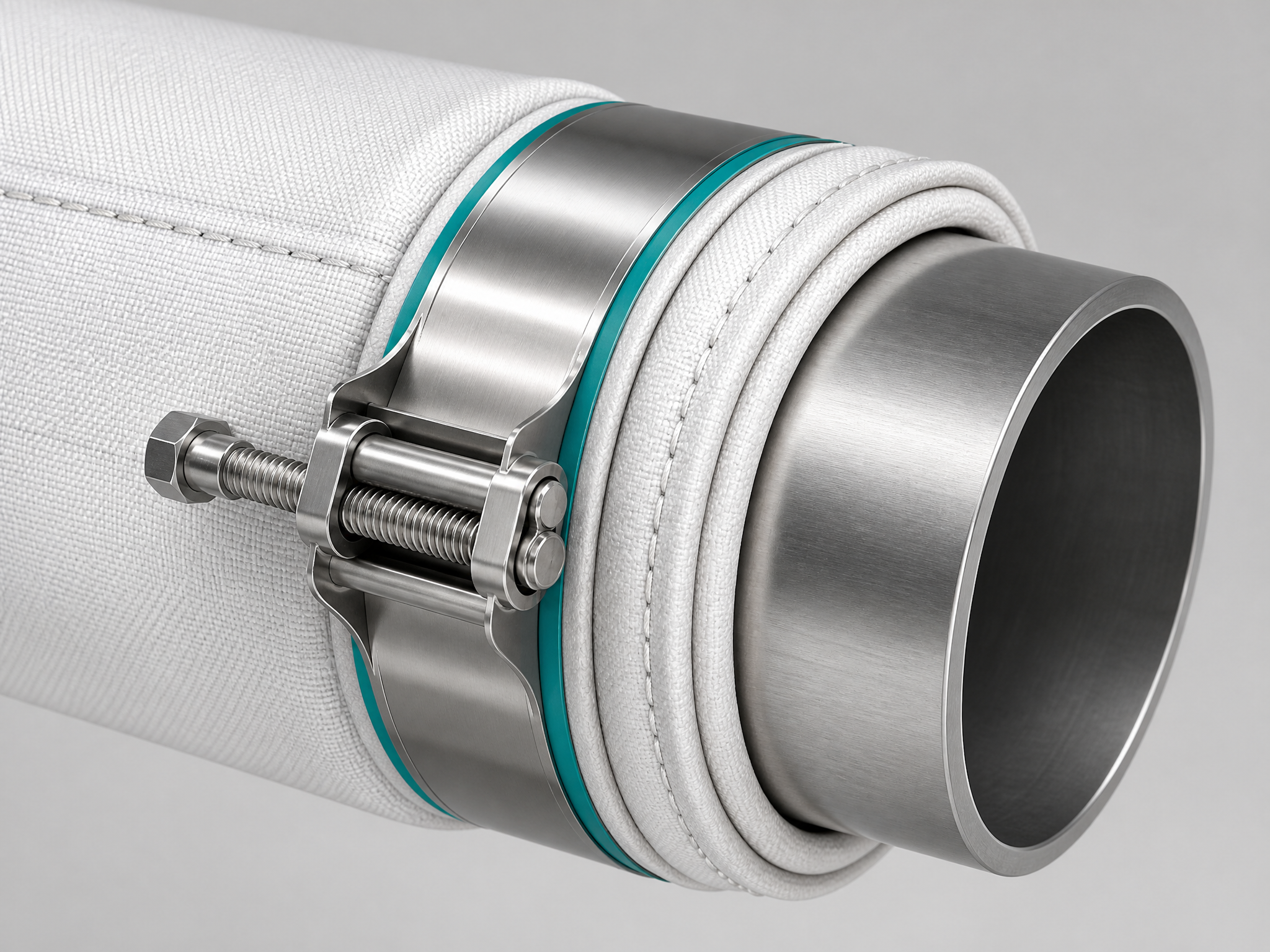 Close-up illustration of a wide stainless clamp band tightened over a reinforced double-hemmed fabric cuff on a pipe end